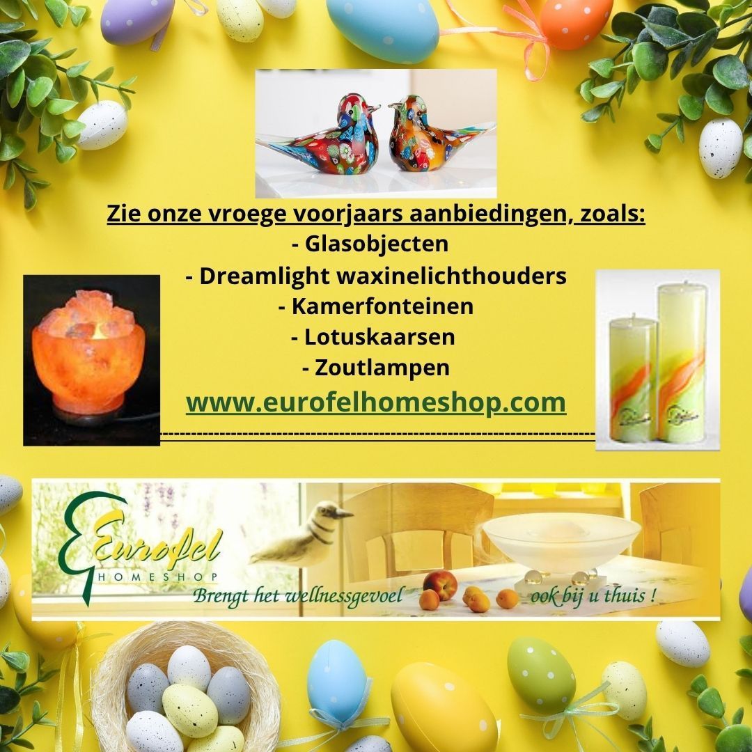 Voorjaarsaanbiedingen. Glasobjecten, dreamlight waxinelichthouders, kamerfonteinen, lotuskaarsen en zoutlampen