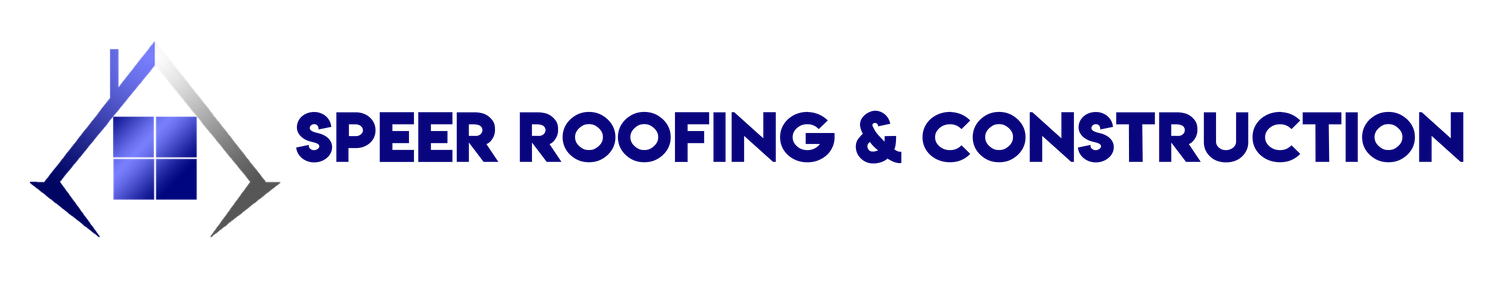Speer Roofing & Construction logo with blue roof and house icon and blue text on white background
