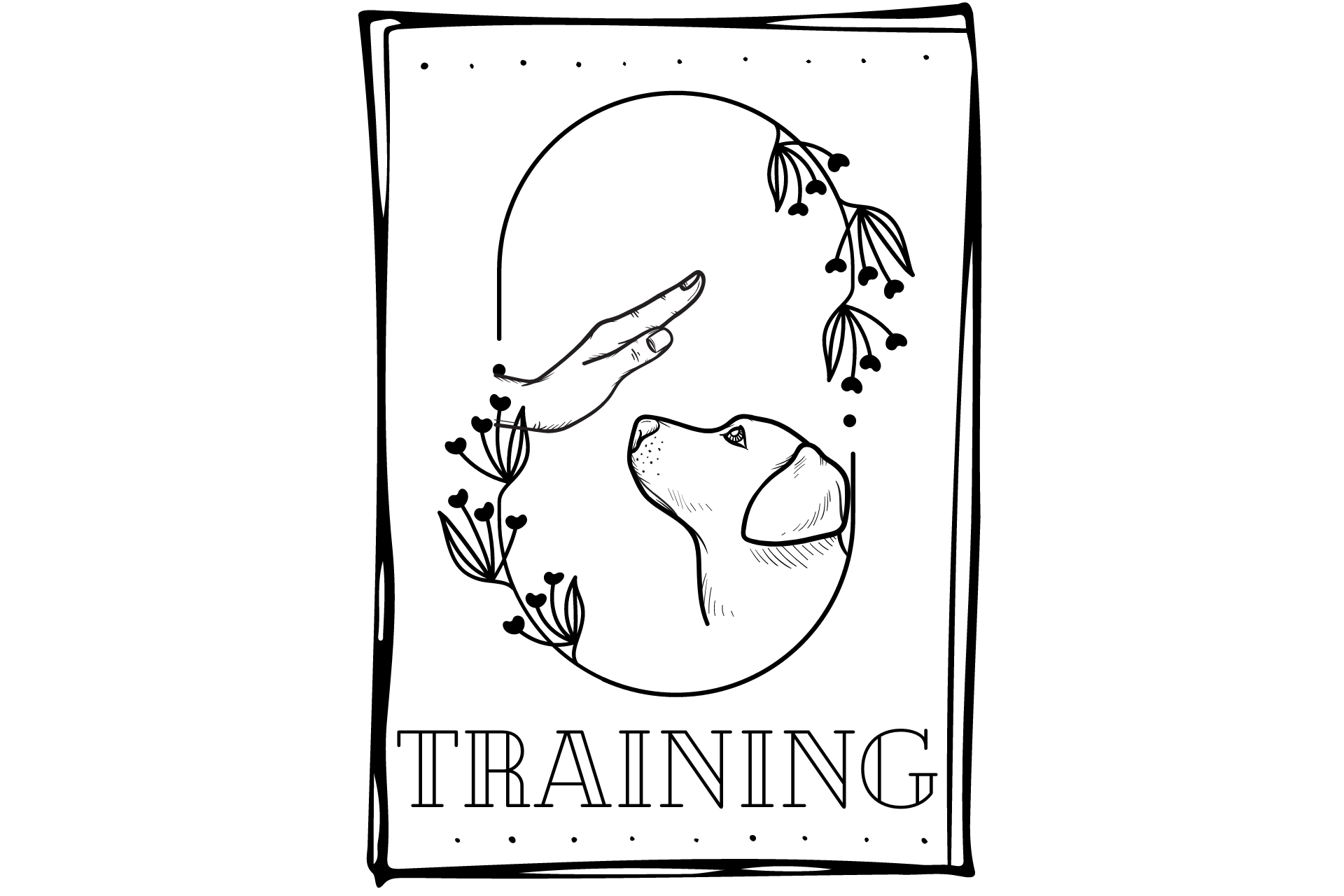 A black and white drawing of a dog with the word training on it