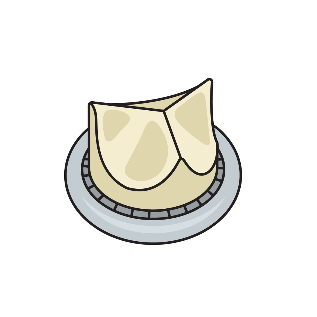 Desenho de um bolinho dobrado, marrom claro com contornos mais escuros, em um prato cinza.