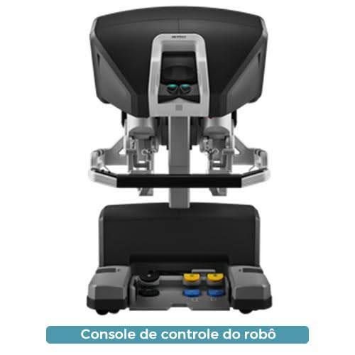 Um console cirúrgico robótico preto com vários controles e um sistema de câmera acoplado, rotulado 