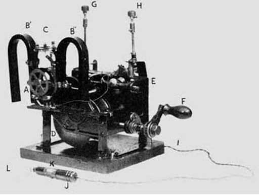 Uma máquina telegráfica antiga com uma manivela e vários componentes, conectada a um pequeno receptor de vidro por meio de um fio.