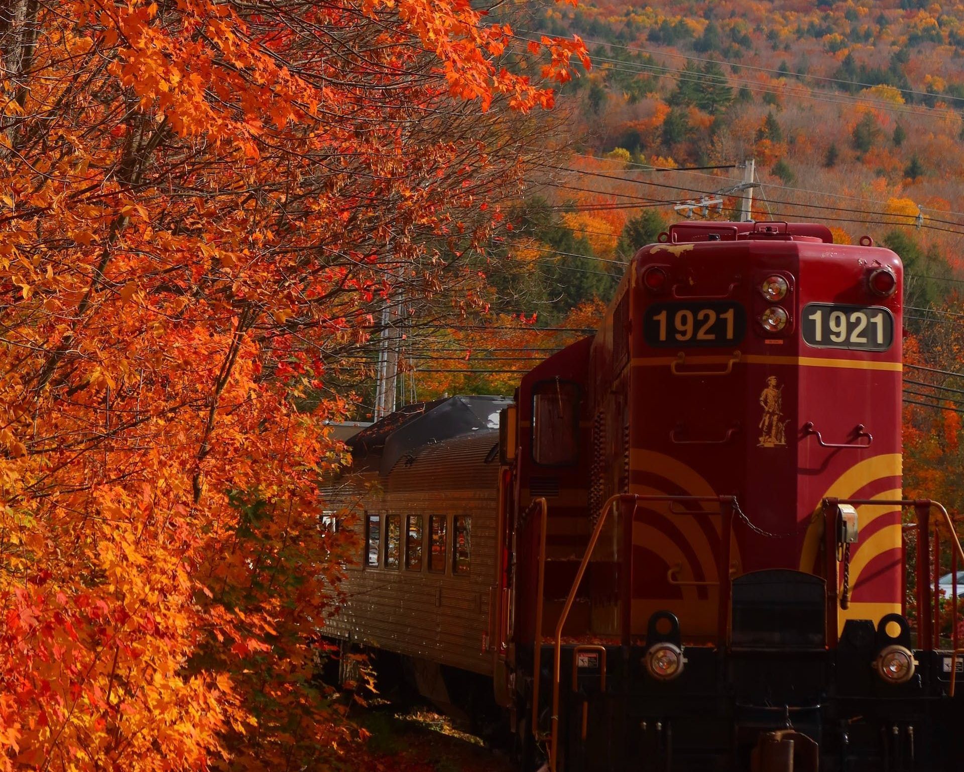 A red train with the number 1921 on the front