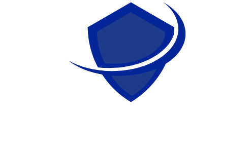Blue shield logo with curved swoosh.