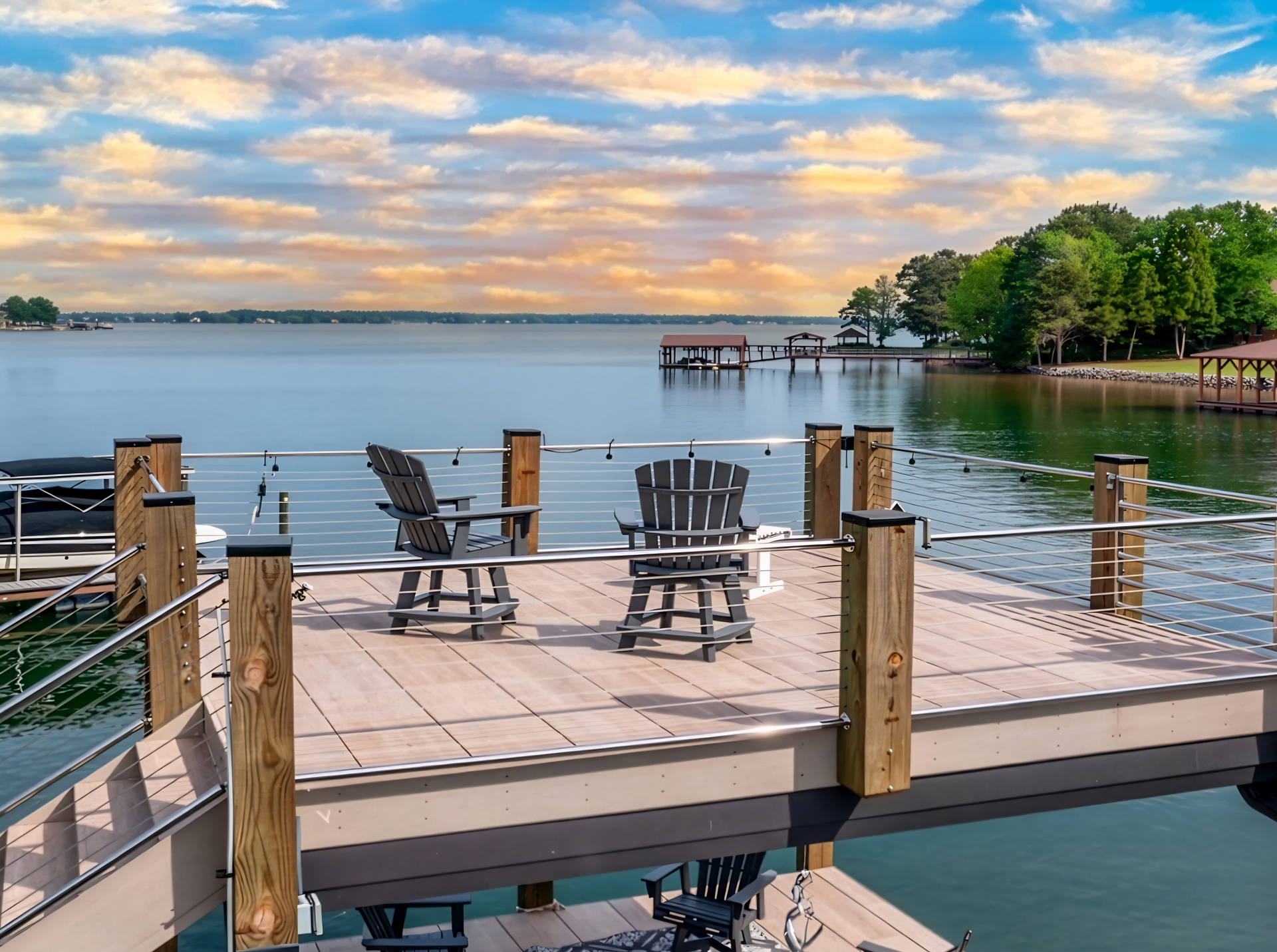 Lakefront dock with Adirondack chairs, calm water, and a colorful sunset sky