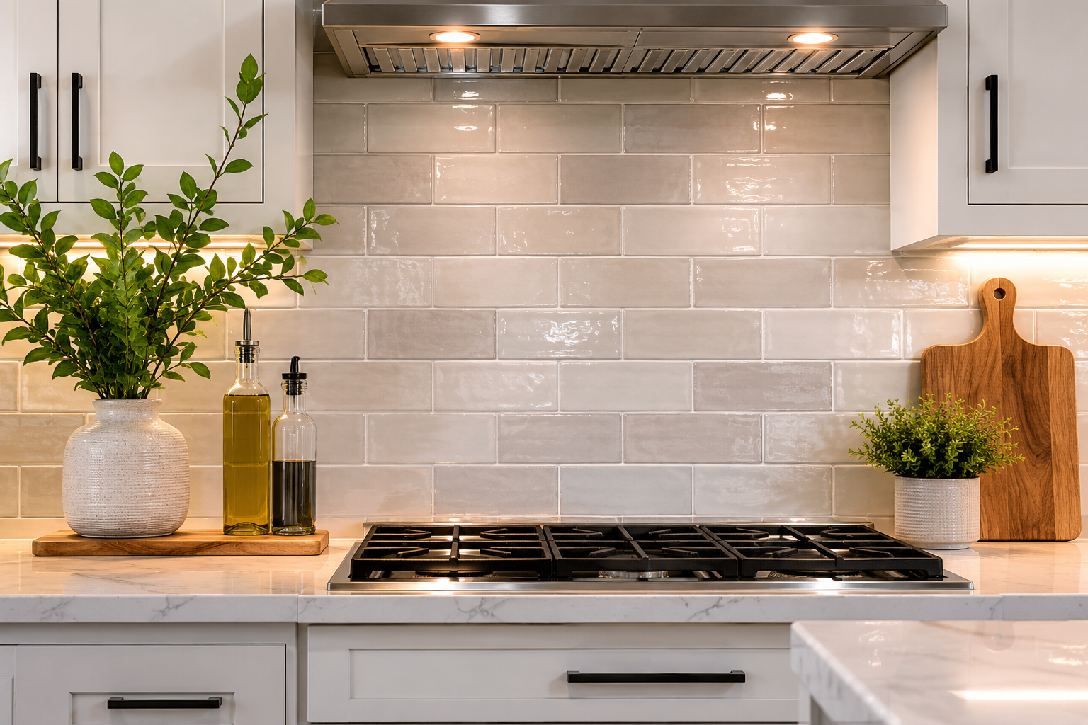 Modern kitchen with white tile backsplash, gas stove, wood countertops, and plants on either side