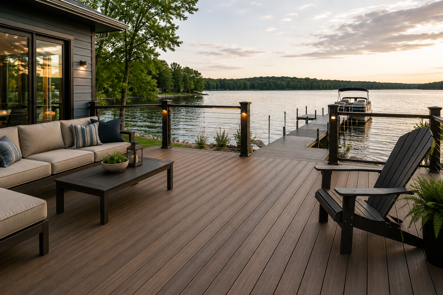 Lakefront deck with wicker chairs, sofa, and fire pit at sunset, overlooking calm water