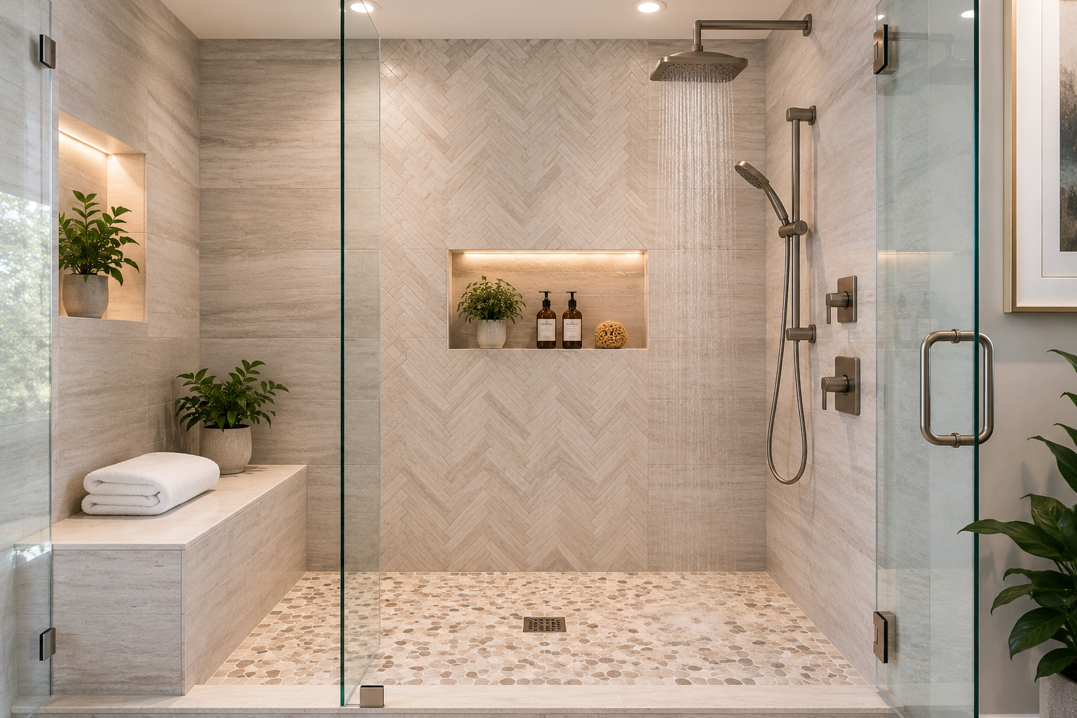 Modern walk-in shower with glass doors, built-in bench, niche shelves, and pebble tile floor.