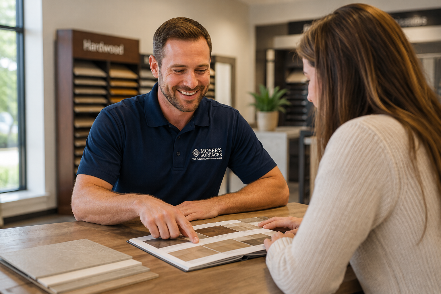 Two people review design samples at a table in a showroom, with one smiling and pointing at the display.