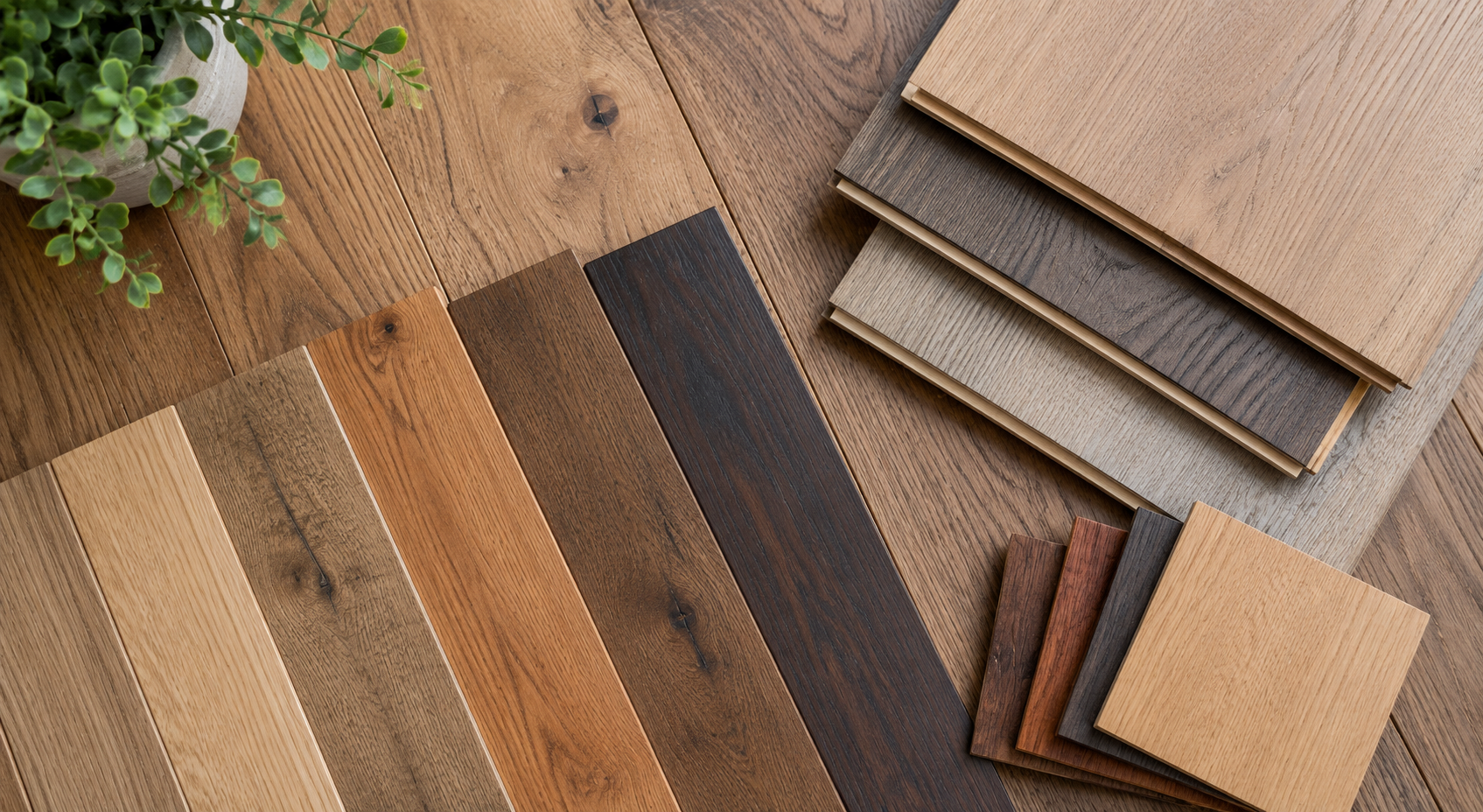 Wood flooring samples in assorted brown tones arranged on a tabletop with greenery nearby