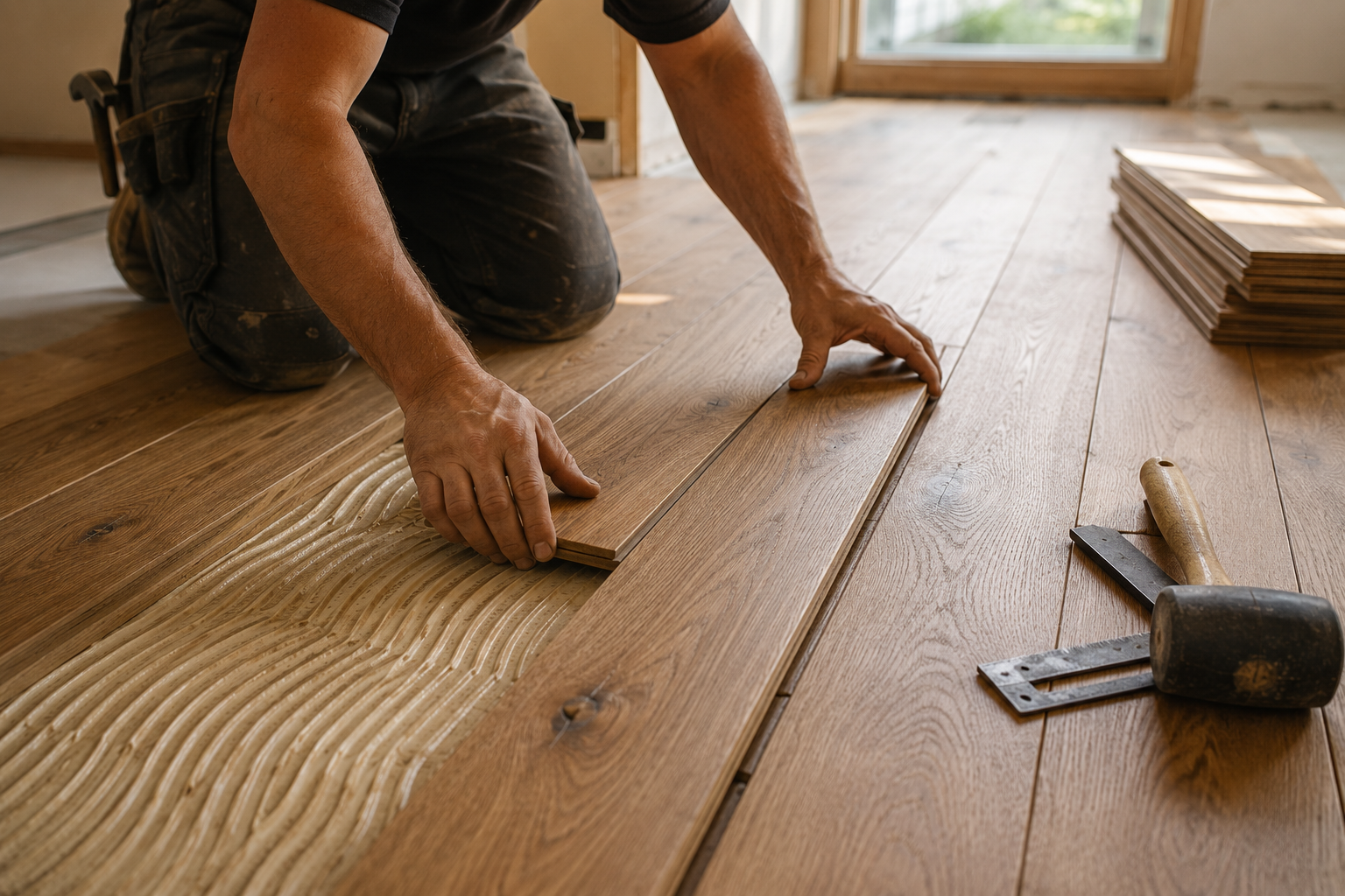 Person installing a wood floor plank with tools on a sunlit room floor