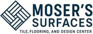 Moser's Surfaces logo with blue geometric tile icon and tagline, "Tile, Flooring, Design Center."