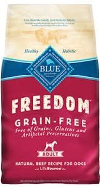 A bag of blue buffalo freedom grain free adult dog food