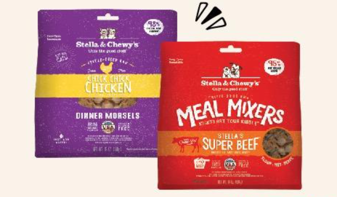 A pile of dog treats next to a bag of dog treats.