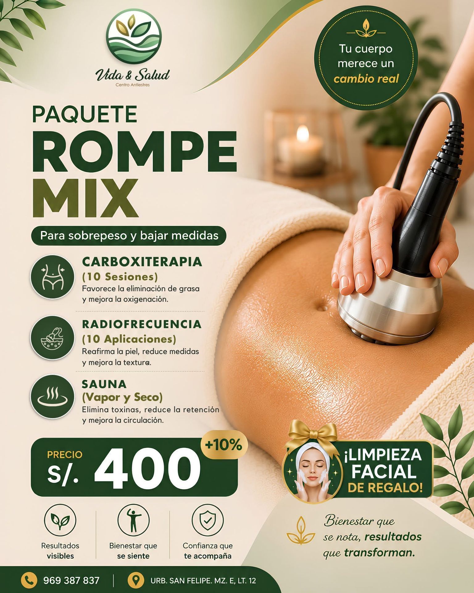 Anuncio promocional de spa para “Paquete Rompe Mix” con limpieza facial, carboxiterapia, radiofrecuencia y sauna por S/400.