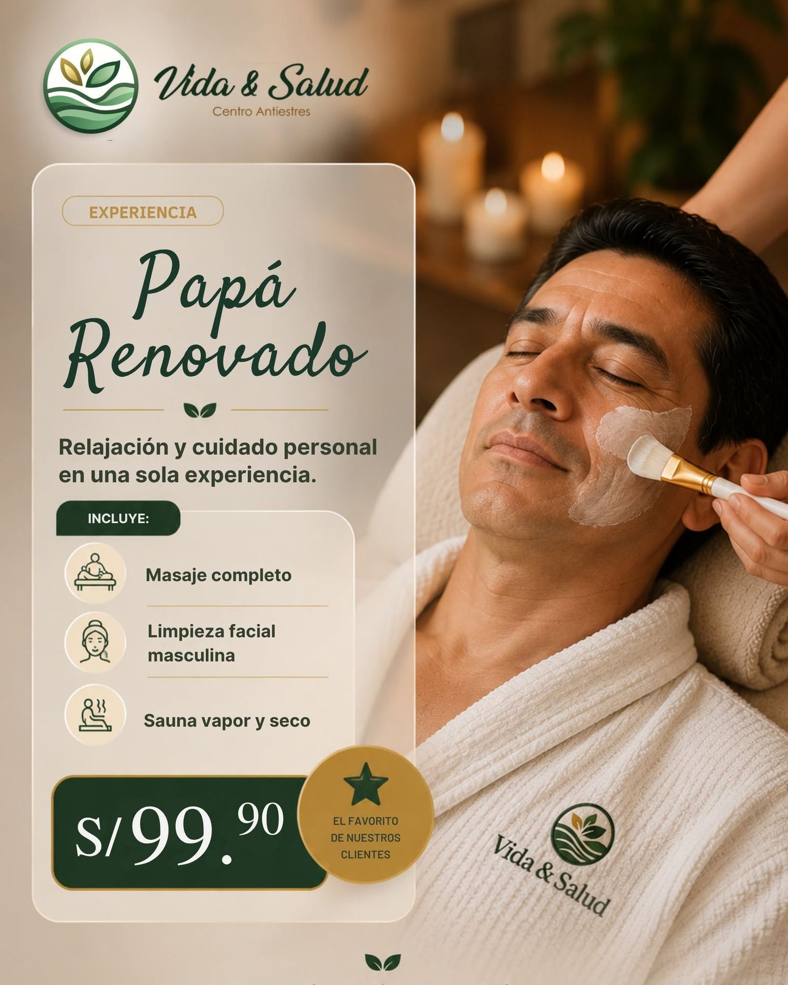 Publicidad de masaje relajante con hombre recostado, tonos beige y verde, precio S/99.90