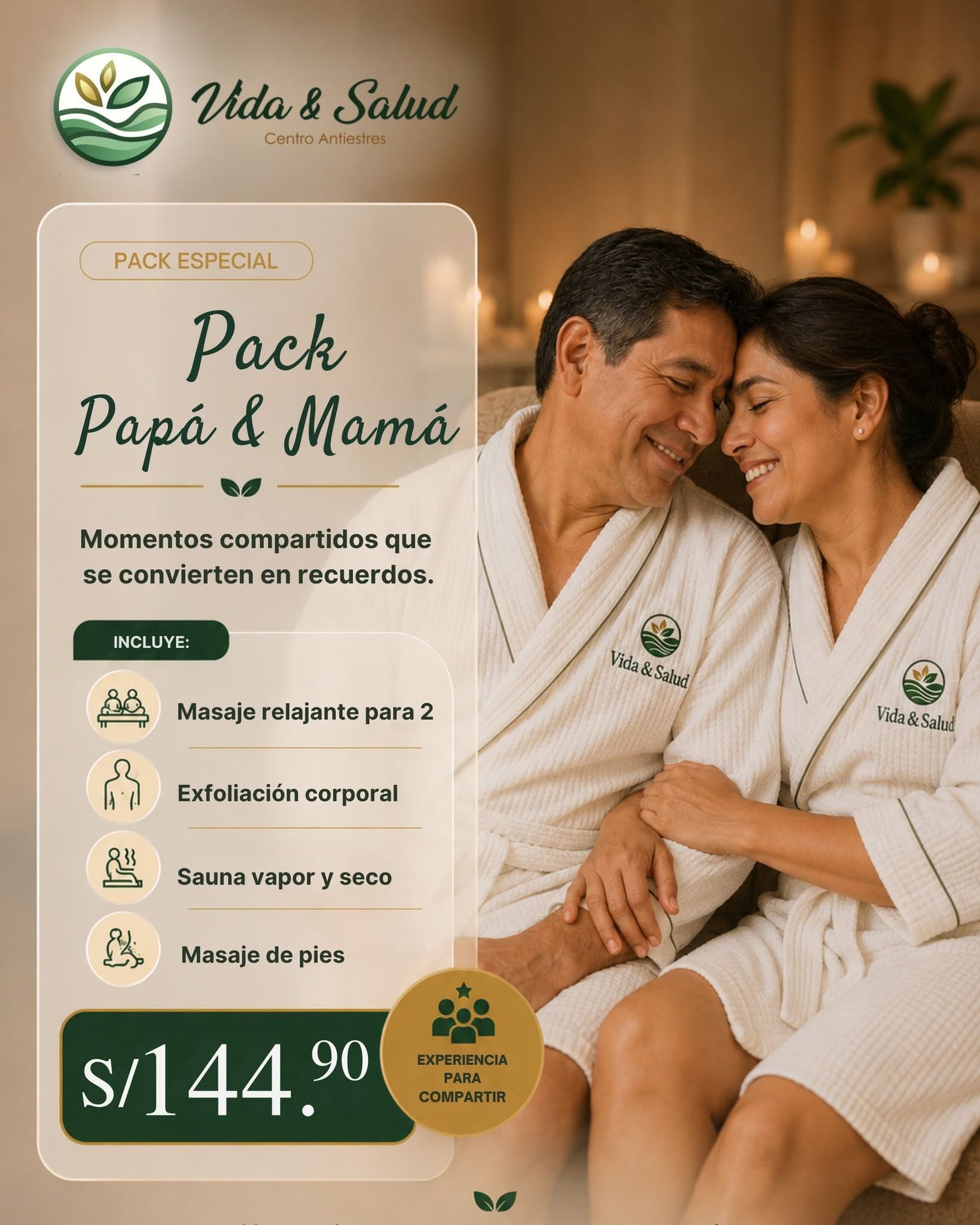Anuncio promocional de spa para “Pack Papá & Mamá” con una pareja sonriente en batas y precio S/144.90