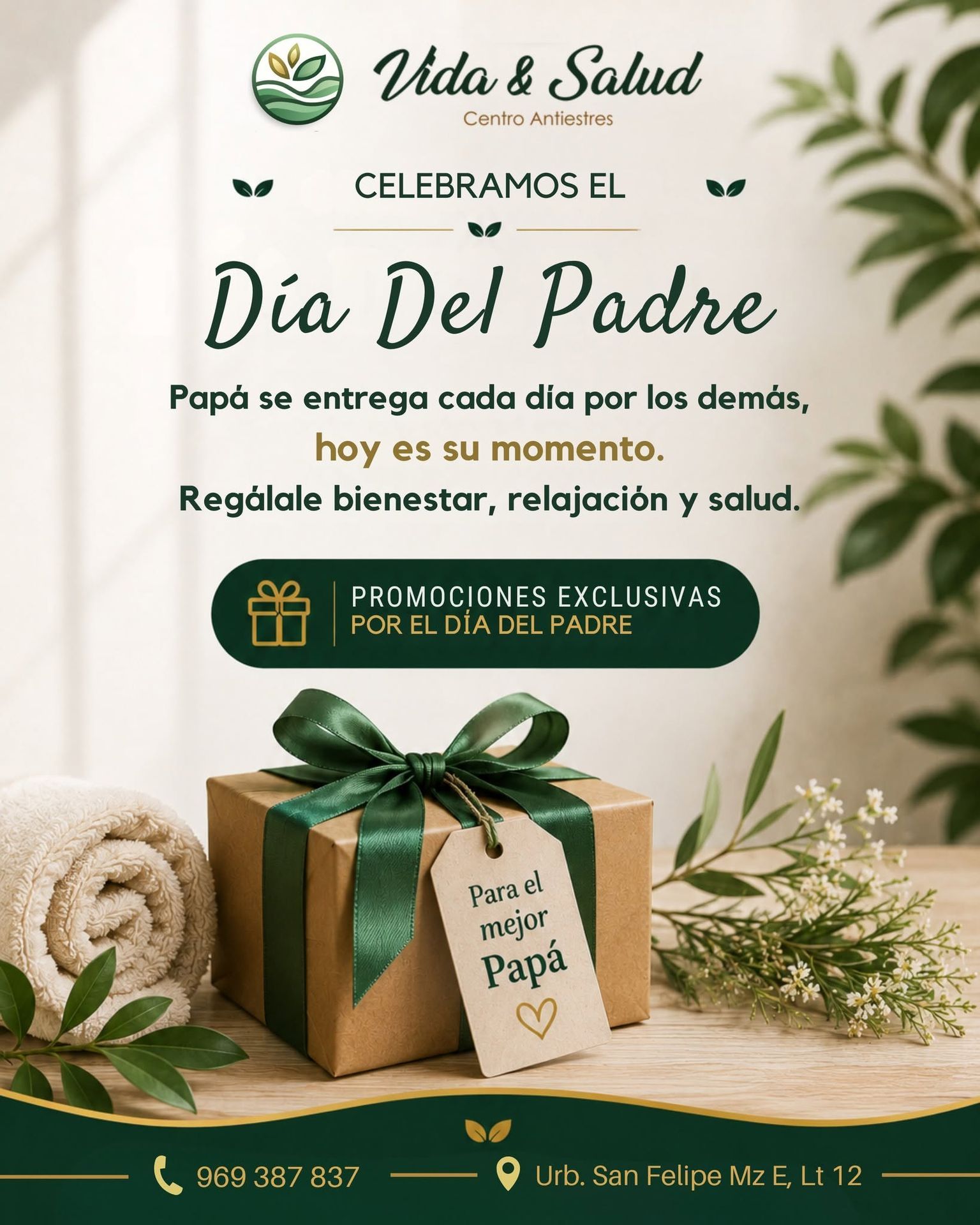 Promoción de Día del Padre con regalo verde y dorado de bienestar de Vida & Salud.