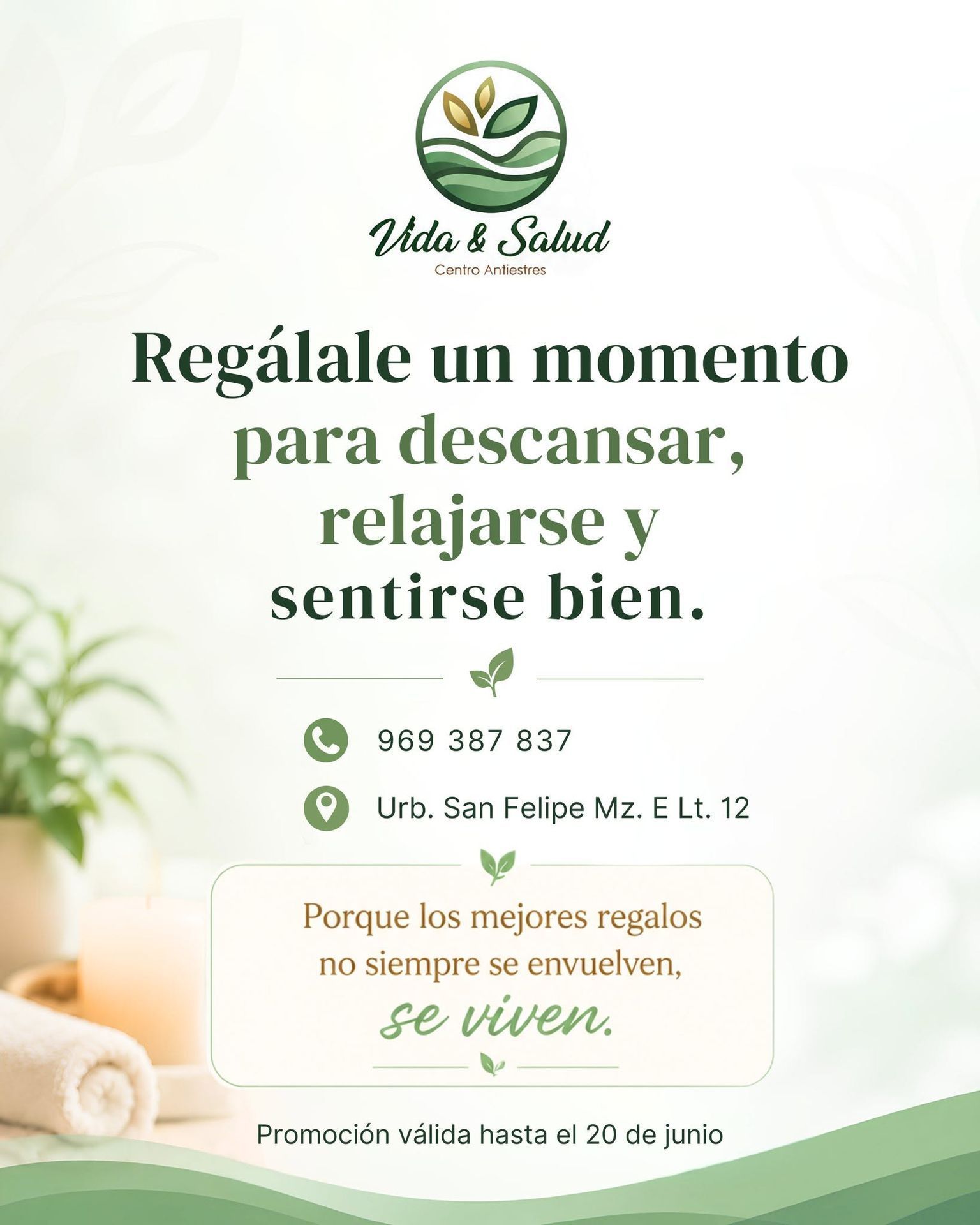 Promoción de spa en tonos verdes y beige: “Regálale un momento para descansar, relajarse y sentirse bien”