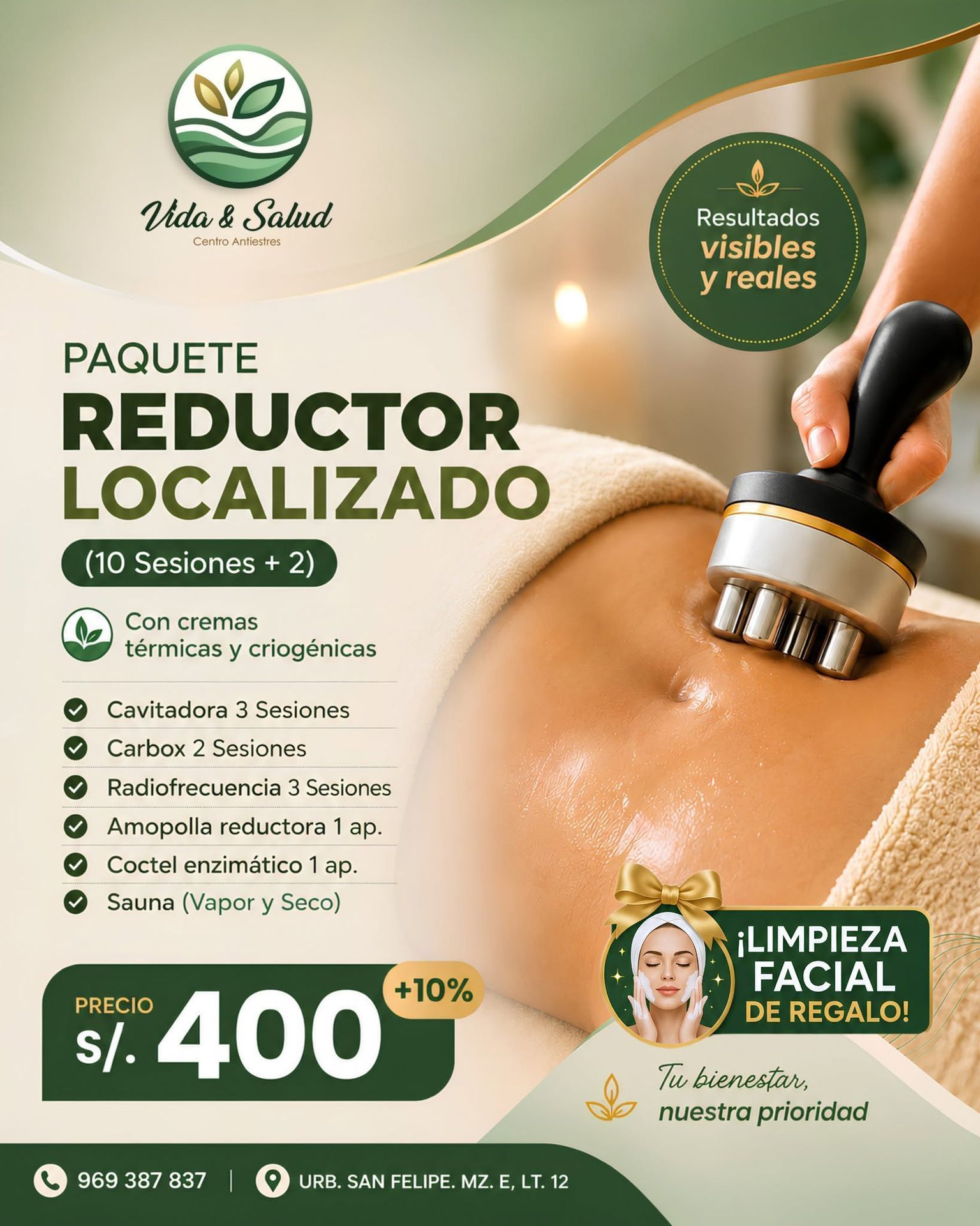 Anuncio de “Paquete Reductor Localizado” con texto verde, detalles del tratamiento y un dispositivo de contorno corporal sobre la piel.