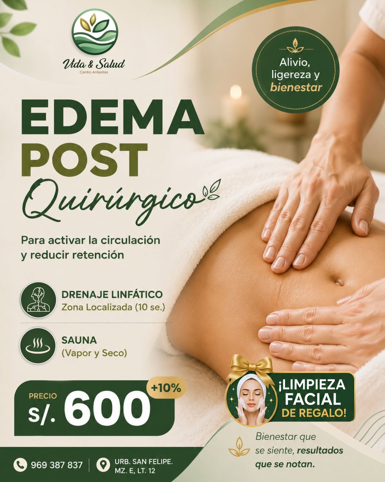 Anuncio de masaje postquirúrgico con manos sobre abdomen, texto verde y beige sobre drenaje linfático y reducción de retención.