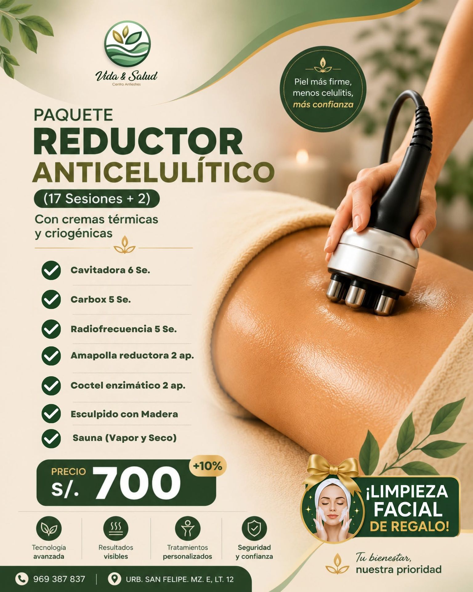 Promoción de paquete reductor anticelulítico con masajeador y precio de $700 sobre piel con celulitis