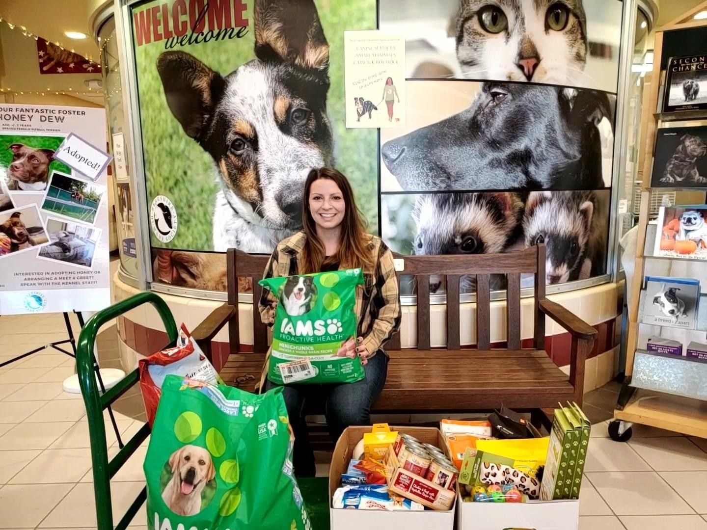 Chelsea Russell, CPA sits in the lobby of Berkshire Humane Society with a donation of supplies collected by MBK Western Mass CPAs