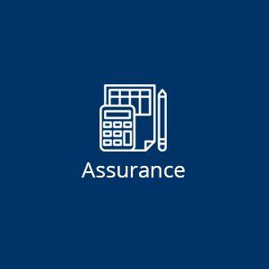 An assurance icon with a calculator , pencil , and paper on a blue background.