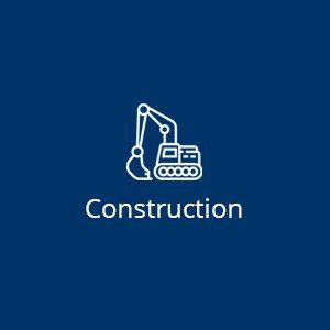 An excavator icon on a blue background with the word construction below it.
