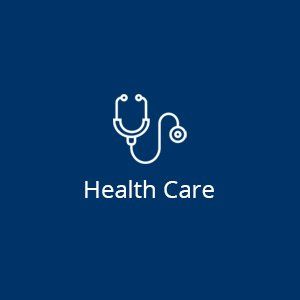 A logo for health care with a stethoscope on a blue background.