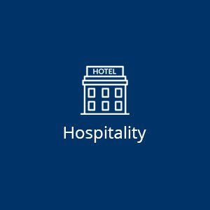 A blue background with a white icon of a hotel and the word hospitality.