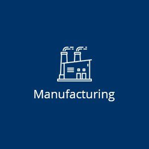 A blue background with a white icon of a factory and the word manufacturing.