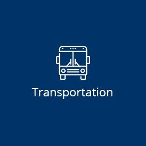 A blue background with a white icon of a bus and the word transportation.