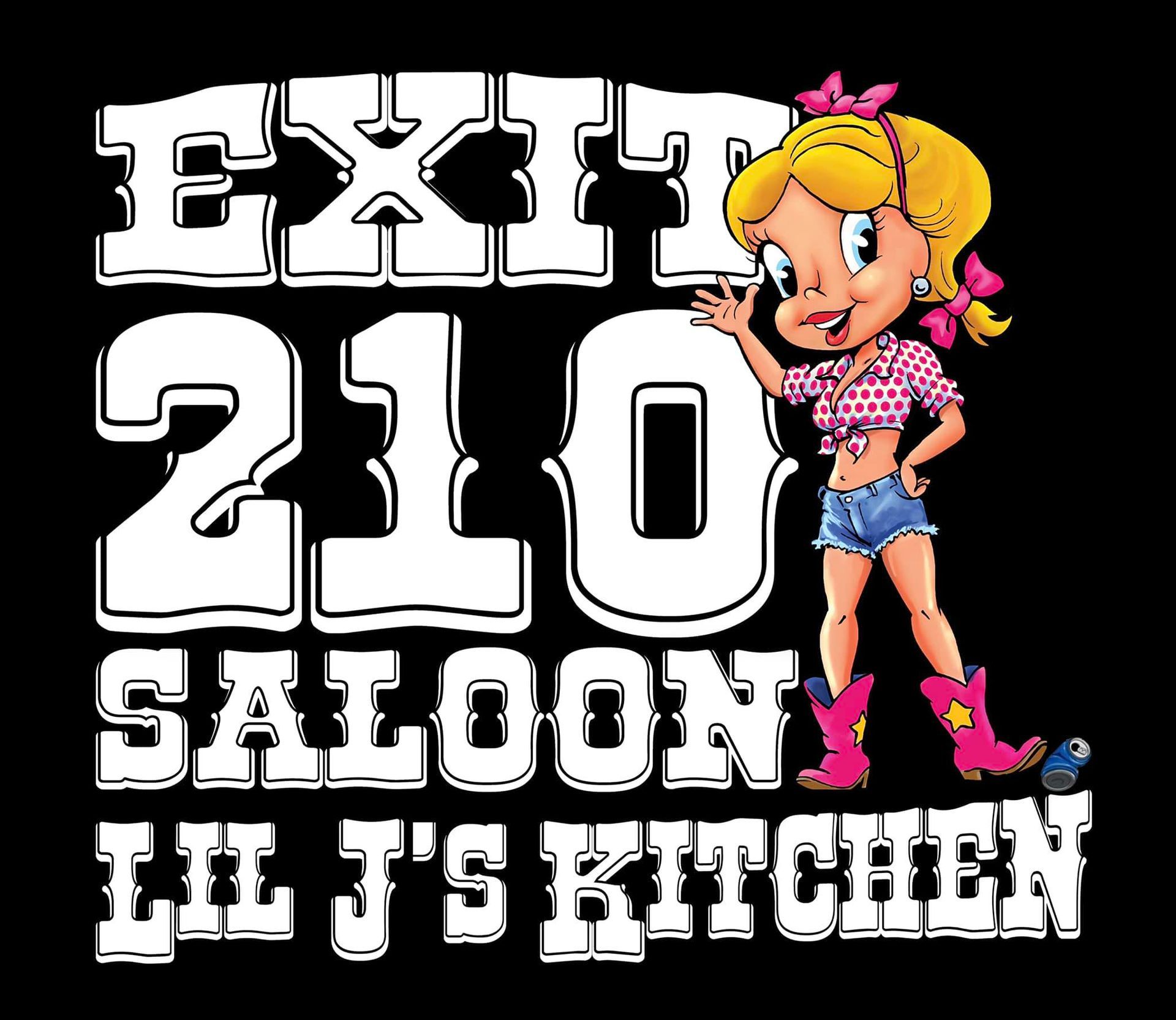 A cartoon girl is standing in front of the words exit 210 saloon and lil j 's kitchen.