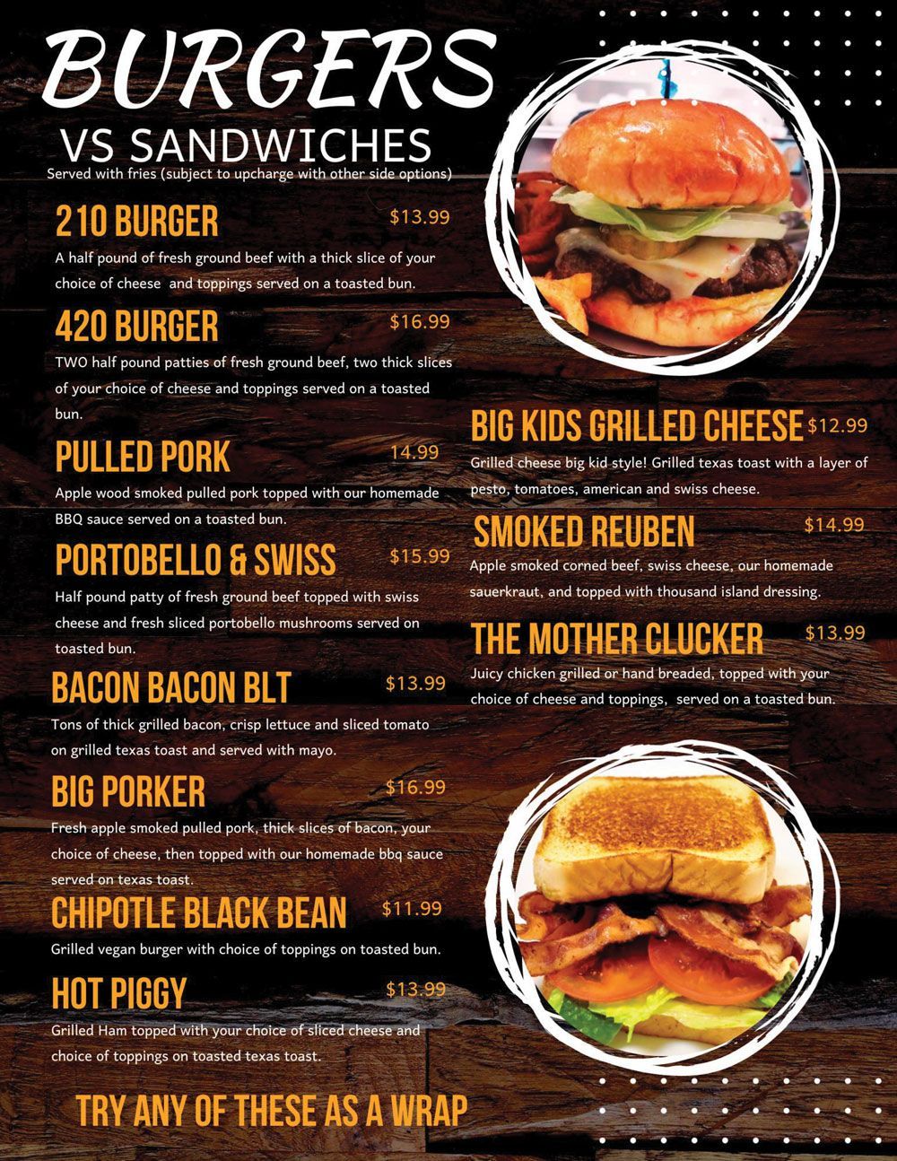 A menu with burgers and sandwiches on it