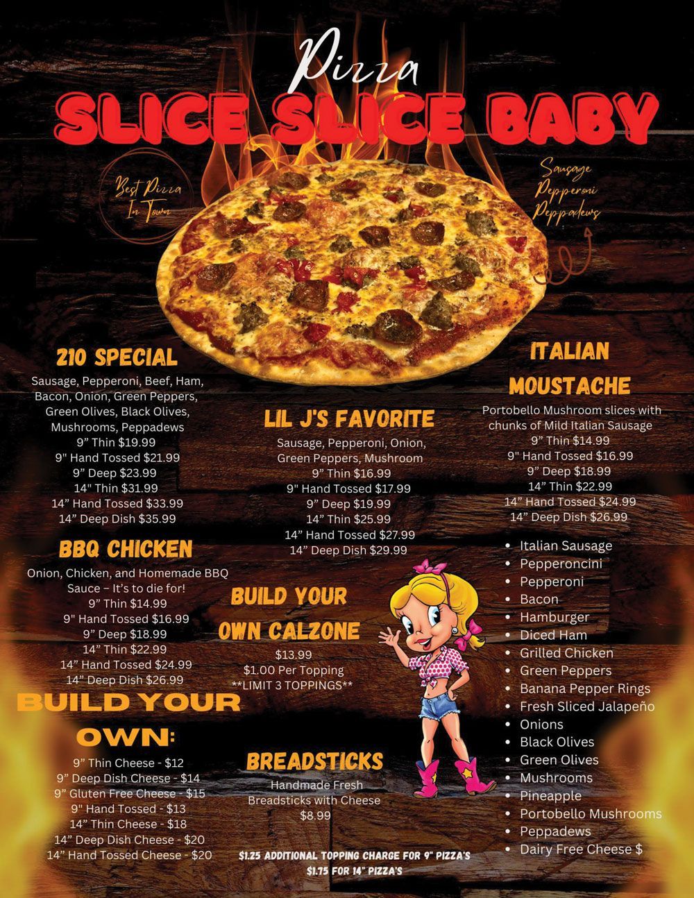 A menu for a pizza restaurant called pizza slice slice baby