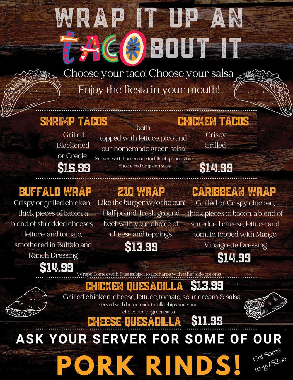 A menu for a restaurant called wrap it up an taco bout it