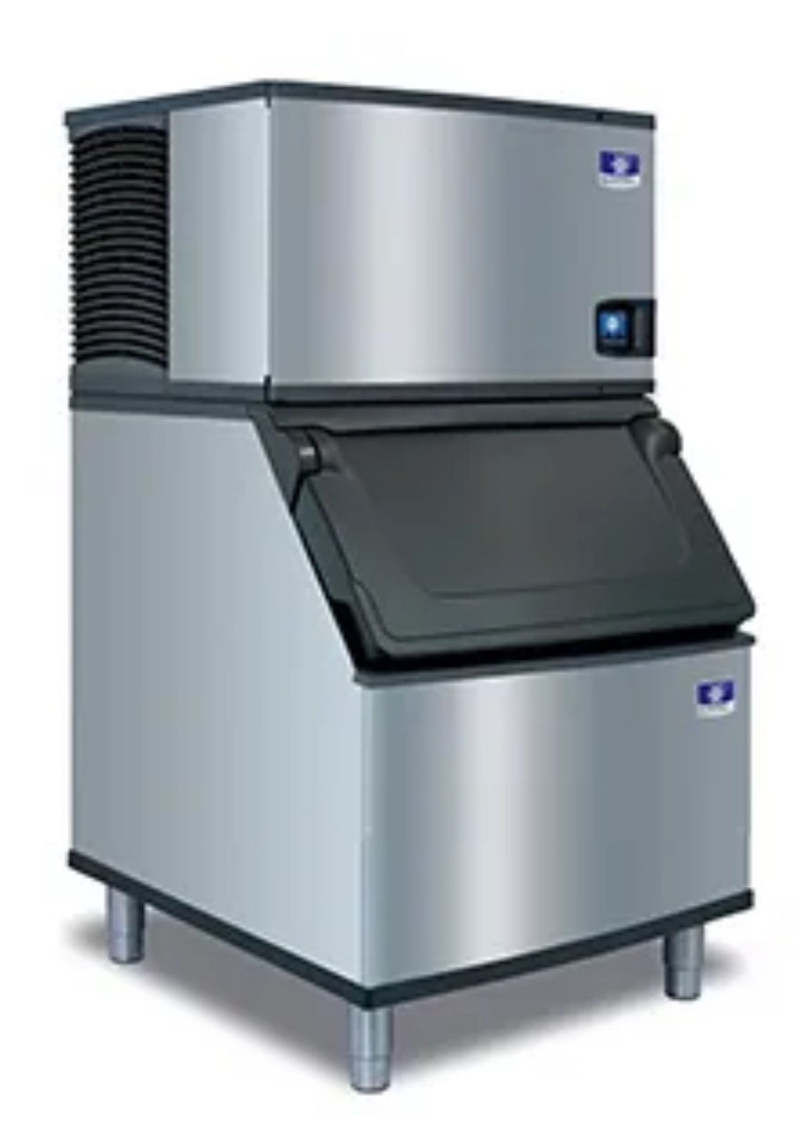 A stainless steel ice maker is sitting on a white surface.