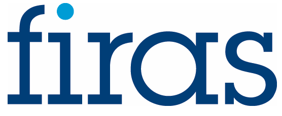Firas logo in blue lowercase letters with a teal dot over the i