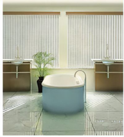 Love is Blinds St. Louis: A bathroom with two sinks, a bathtub, and vertical blinds.