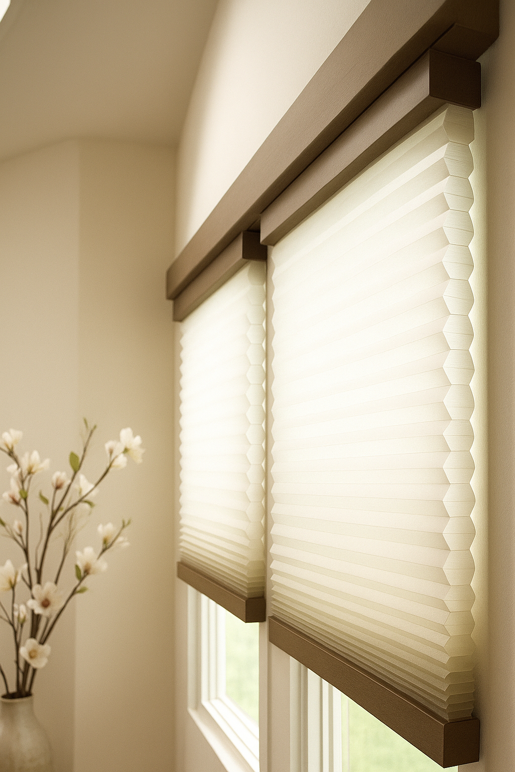 Love is Blinds St. Louis: A window with white cellular shades and a vase of flowers