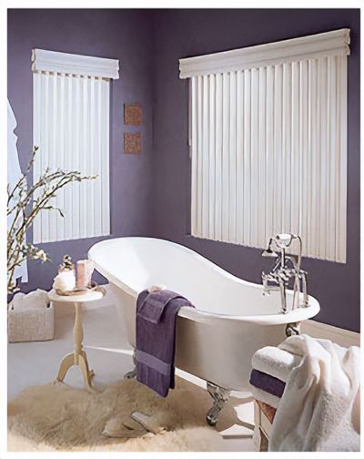 Love is Blinds MO: A bathtub in a bathroom with purple walls and white vertical blinds