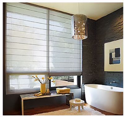 Love is Blinds MO: A bathroom with a large window with dual shades and a bathtub