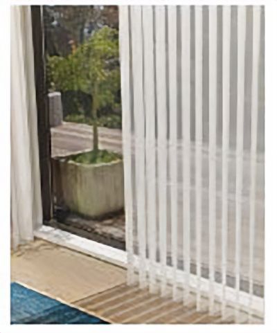 Love is Blinds St. Louis: A white vertical blind is hanging on a sliding glass door.