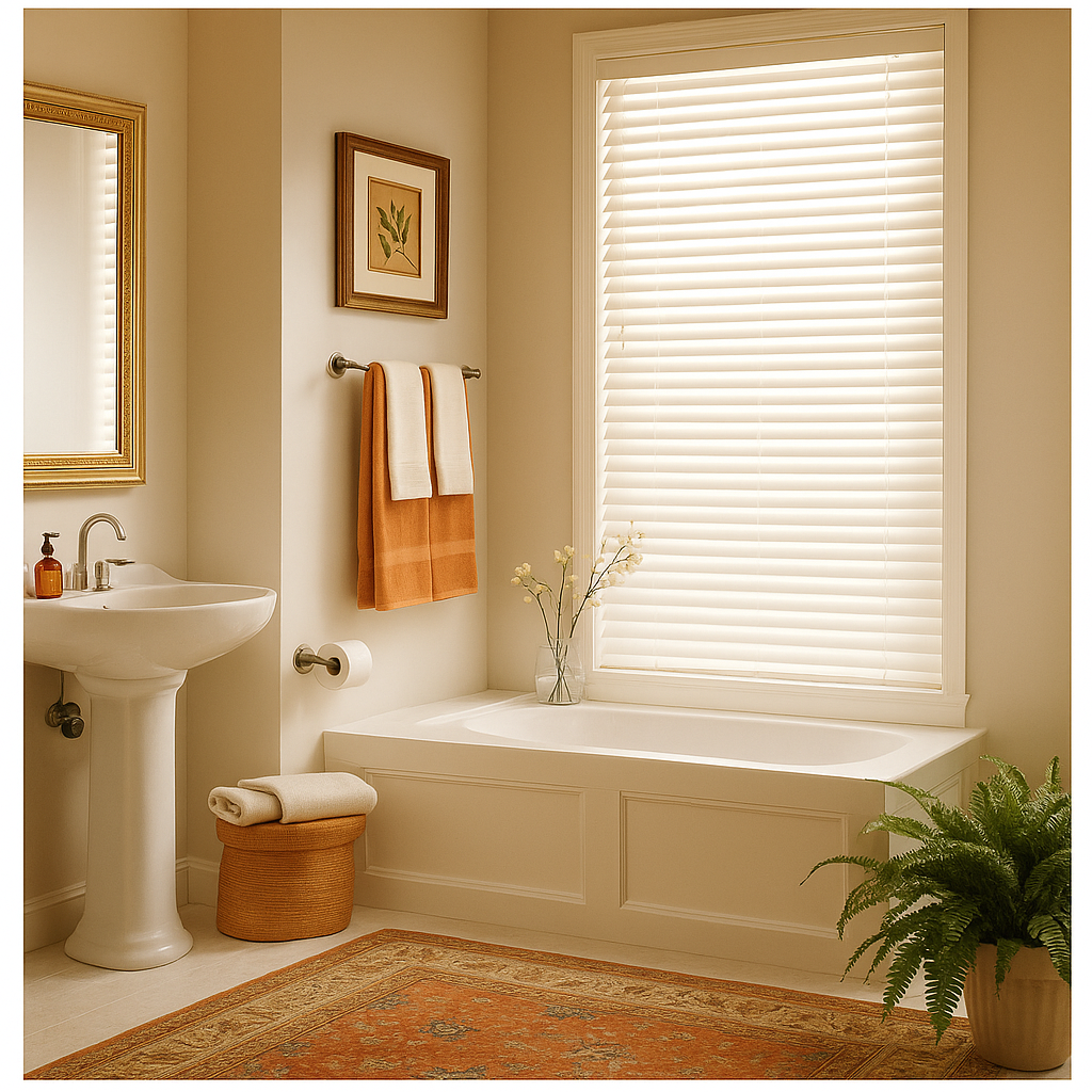 Love is Blinds St. Louis: A bathroom with a bathtub and wooden blinds. 