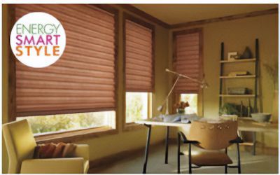 Love is Blinds St. Louis: A room with a desk and a sign that says energy smart style, showing honeycomb shades. 
