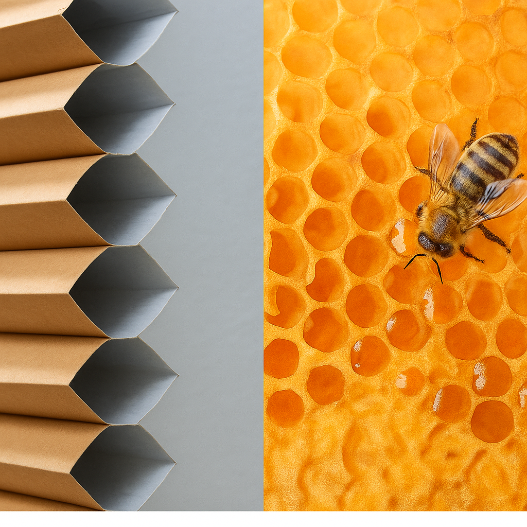 Love is Blinds St. Louis: A bee is sitting on a honeycomb next to honeycomb shades.