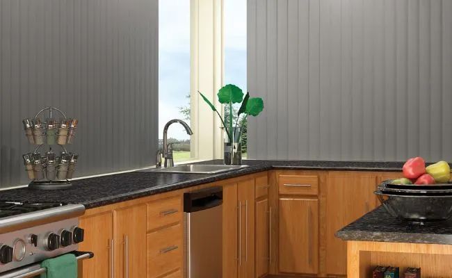 Love is Blinds St. Louis: Vertical Blinds in an office kitchen. 