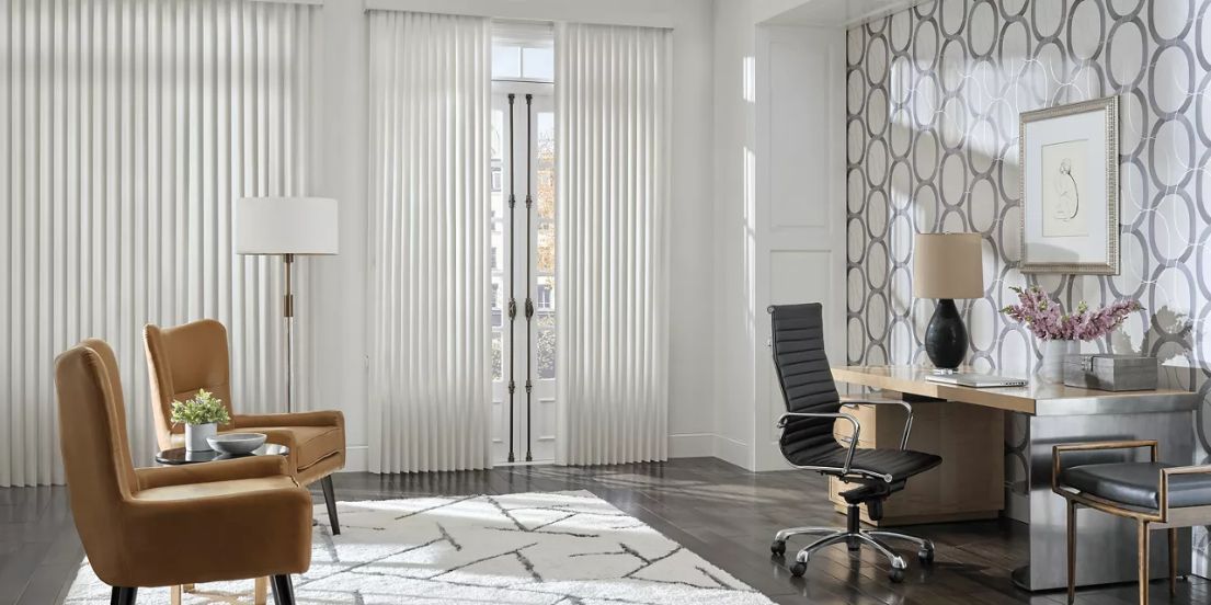 Love is Blinds St. Louis: An elegant white home office with vertical blinds on French doors. 