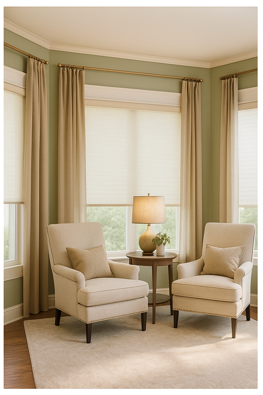 Love is Blinds St. Louis: A living room with two chairs , showing windows with blinds. 